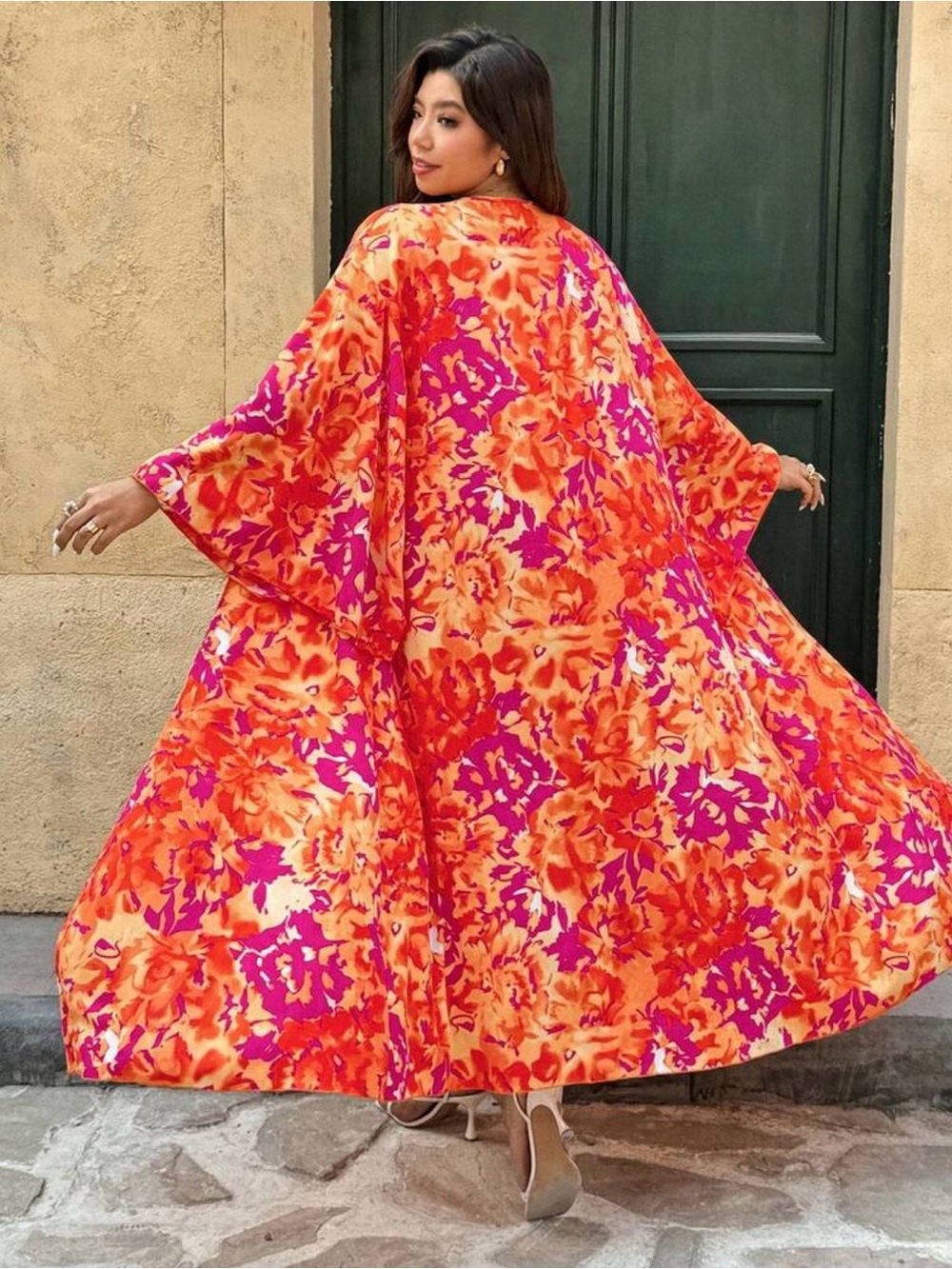 Vibrant Orange & Pink Floral Maxi Kimono